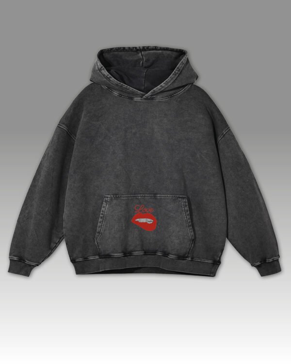 Bluza oversize z kapturem <br>Love z motywem ust <br>Haft, Efekt sprania